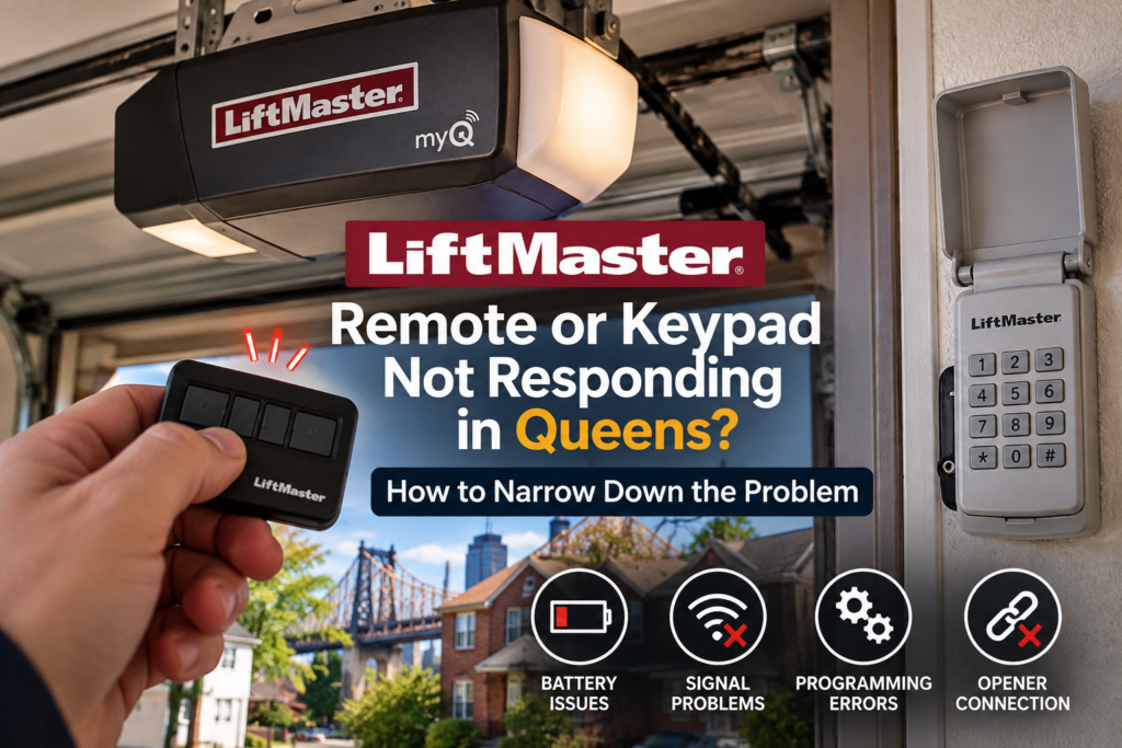 LiftMaster garage door opener with wireless remote and exterior keypad, highlighting common remote and keypad problems in Queens, NY.